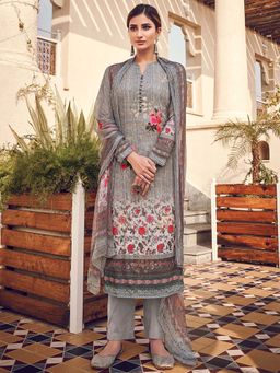 Stylee LIFESTYLE - Grey Printed Unstitched Dress Material (Set of 3)