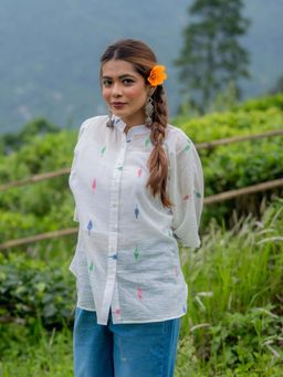 Sutra Art of Clothing - White Leaf Cotton Jamdani Shirt