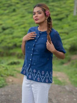 Sutra Art of Clothing - Ocean Blue Cotton Jamdani Top