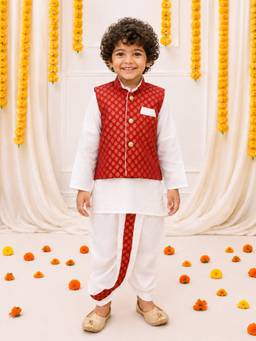 BownBee - Full Sleeve Dhoti Kurta with Nehru Jacket - Maroon