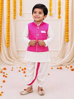 BownBee - Full Sleeve Dhoti Kurta with Nehru Jacket - Pink