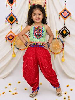 BownBee - Pure Cottn Embroidered Choli With Mirror Work Dhoti For Girls - Green