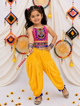 BownBee - Pure Cottn Embroidered Choli With Mirror Work Dhoti For Girls - Pink