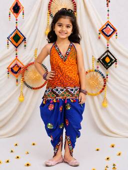 BownBee - Bandhani Halter Top With Embroidered For Girls - Orange