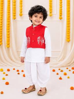 BownBee - Embroidered Kurta with Dhoti & Nehru Jacket for Boys- Red