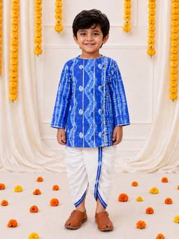 BownBee - Ethnic Pure Cotton Tie and Dye Dhoti Kurta For Boys - Blue