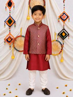 BownBee - Jacquard Jacket with Solid Cotton Kurta Pajama for Boys- Maroon