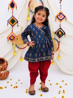 BownBee - Pure Cotton Quater sleeves Printed Kurti With For Girls - Navy Blue
