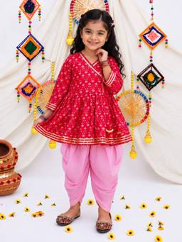 BownBee - Pure Cotton Quater sleeves Printed Kurti With For Girls - Red