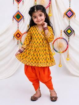 BownBee - Pure Cotton Quater sleeves Printed Kurti With For Girls - Yellow
