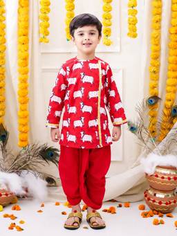 BownBee - Full Sleeve Pure Cotton Kurta with Dhoti for Boys- Red