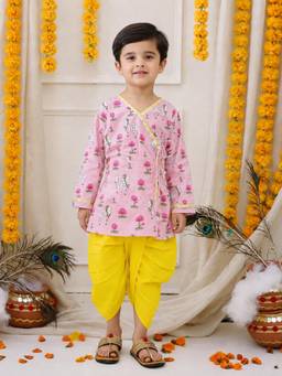BownBee - Full Sleeve Pure Cotton Kurta with Dhoti for Boys- Pink