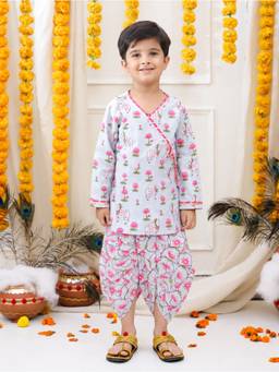 BownBee - Full Sleeve Pure Cotton Kurta with Dhoti for Boys- Sky Blue