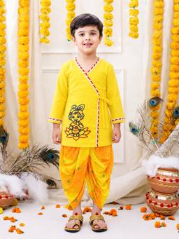 BownBee - Embroidered Full Sleeve Kurta with Dhoti for Boys- Yellow