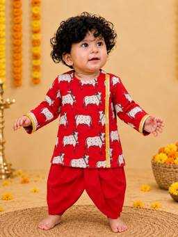 BownBee - Full Sleeve Pure Cotton Dhoti Kurta for Infant Boys- Red