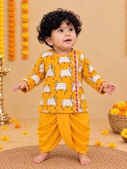 BownBee - Full Sleeve Pure Cotton Dhoti Kurta for Infant Boys- Yellow