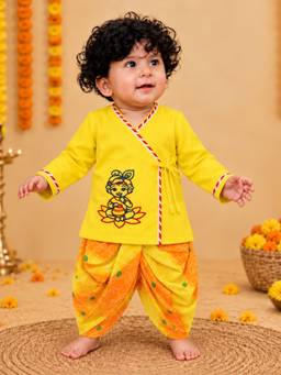 BownBee - Embroidered Full Sleeve Dhoti Kurta for Infants Boys- Yellow