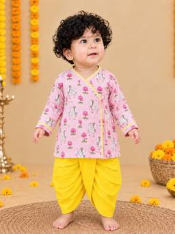 BownBee - Full Sleeve Pure Cotton Dhoti Kurta for Infants Boys- Pink
