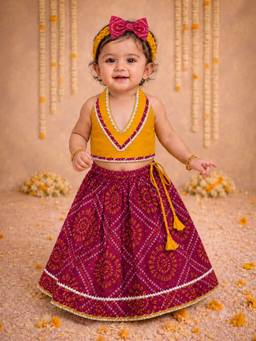 BownBee - Sleeveless Halter Neck Lehenga Choli With Hairband For Girls - Pink