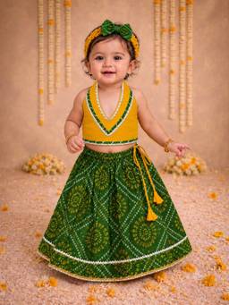 BownBee - Sleeveless Halter Neck Lehenga Choli With Hairband For Girls - Green