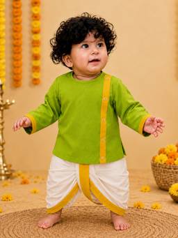 BownBee - South Indian Full Sleeve Dhoti Kurta For Infant Boys - Green
