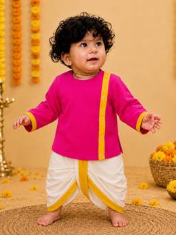 BownBee - South Indian Full Sleeve Dhoti Kurta For Infant Boys - Pink