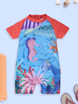 KiddoPanti - Girls Peach Printed Swimwear Legged Swimsuit