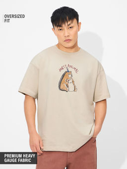The Souled Store - Beige Party Animal Oversized T-Shirt