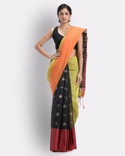 Angoshobha - Handwoven Printed Festive Cotton Blend Saree -Yellow Black with Unstitched