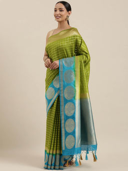 Mimosa - Kanchipuram Style Art Silk Saree Olive Green With Unstitched Blouse