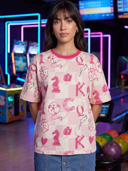 Bewakoof - Heavy Duty Women Pink All Over Printed Oversized T-Shirt