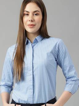 Hancock - Women Blue Pure Cotton Striped Slim Fit Formal Shirt