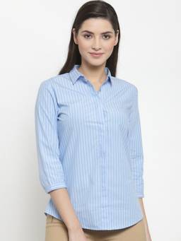 Hancock - Women Blue Pure Cotton Striped Slim Fit Formal Shirt