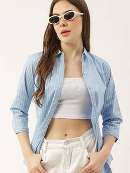 Hancock - Women Blue Pure Cotton Striped Slim Fit Formal Shirt