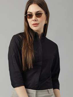 Hancock - Women Black Pure Cotton Solid Slim Fit Formal Shirt