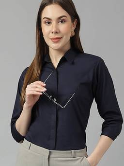 Hancock - Women Navy Blue Pure Cotton Solid Slim Fit Formal Shirt