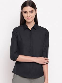 Hancock - Women Black Pure Cotton Solid Slim Fit Formal Shirt