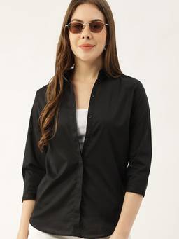 Hancock - Women Black Pure Cotton Solid Slim Fit Formal Shirt