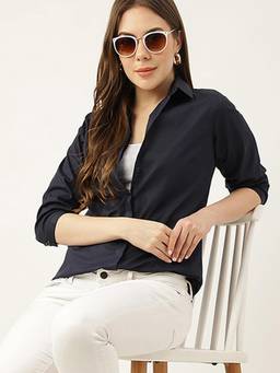Hancock - Women Navy Blue Pure Cotton Solid Slim Fit Formal Shirt