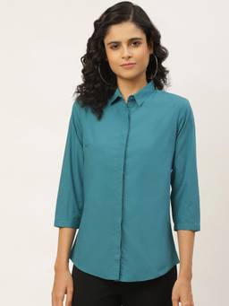 Hancock - Women Teal Solid Pure Cotton Slim Fit Formal Shirt
