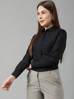 Hancock - Women Black Solid Pure Cotton Slim Fit Formal Shirt