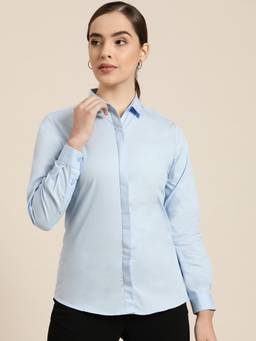 Hancock - Women Sky Blue Solid Pure Cotton Slim Fit Formal Shirt
