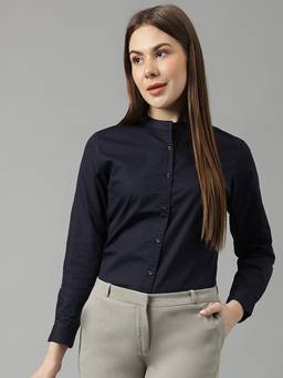 Hancock - Women Navy Blue Solid Pure Cotton Slim Fit Formal Shirt