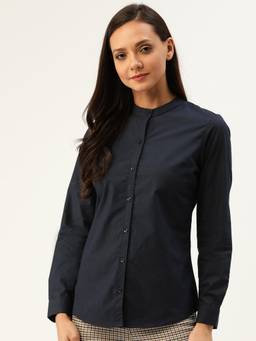 Hancock - Women Navy Blue Solid Pure Cotton Slim Fit Formal Shirt