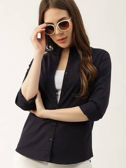 Hancock - Women Navy Blue Solid Pure Cotton Slim Fit Formal Shirt