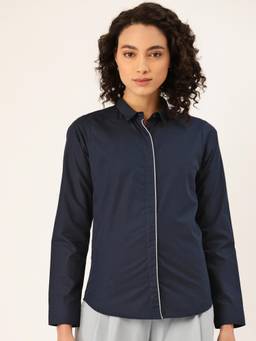 Hancock - Women Navy Blue Solid Pure Cotton Slim Fit Formal Shirt
