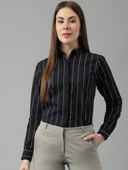 Hancock - Women Black Stripes Pure Cotton Slim Fit Formal Shirt