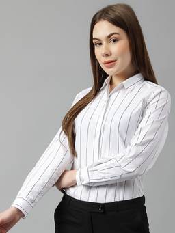 Hancock - Women White Stripes Pure Cotton Slim Fit Formal Shirt