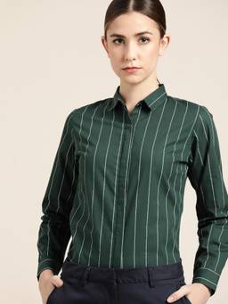 Hancock - Women Bottle Green Striped Pure Cotton Slim Fit Formal Shirt
