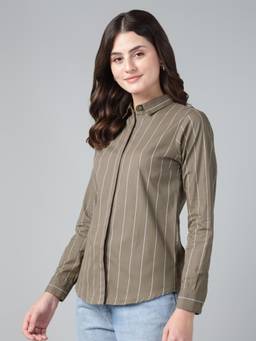 Hancock - Women Olive Striped Pure Cotton Slim Fit Formal Shirt
